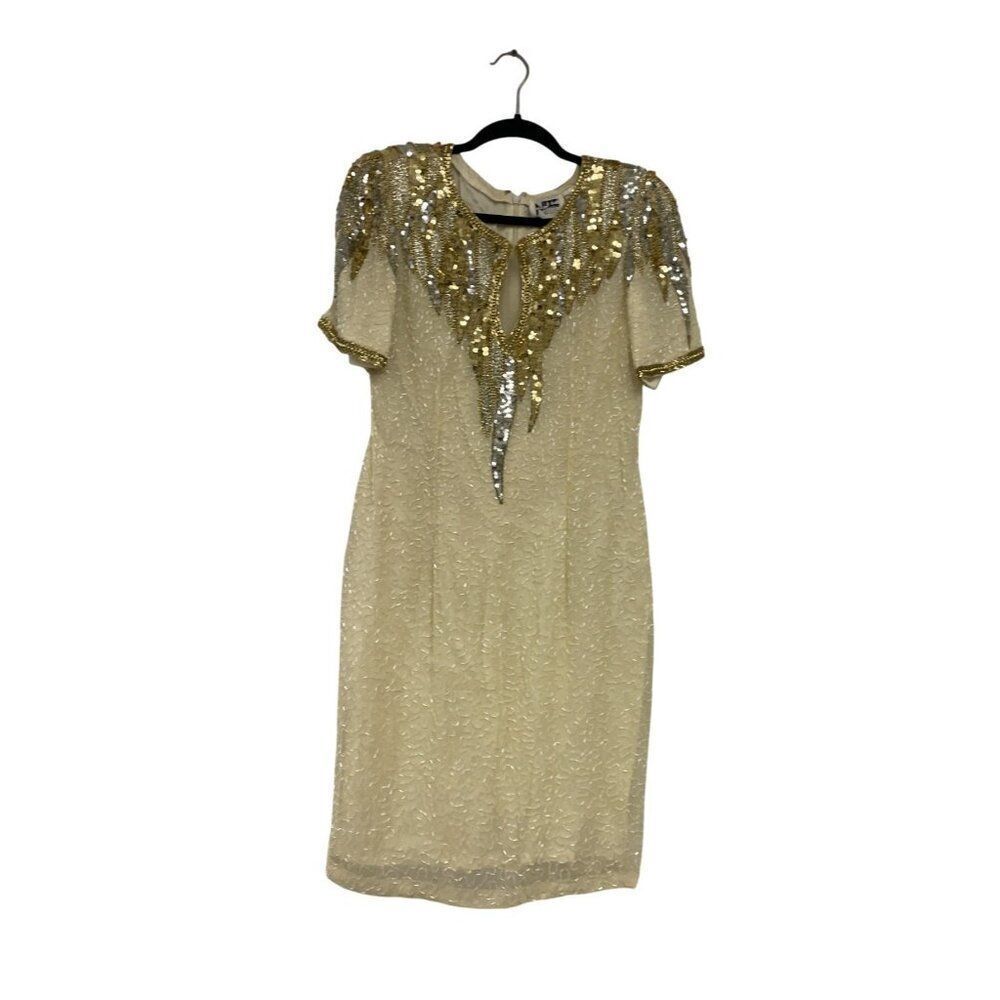 Vintage Niteline Womens Dress Size 8 Ivory Gold Silver Beaded Silk Cocktail 80s